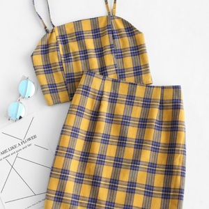 Smocked Back Cami Plaid Skirt Set